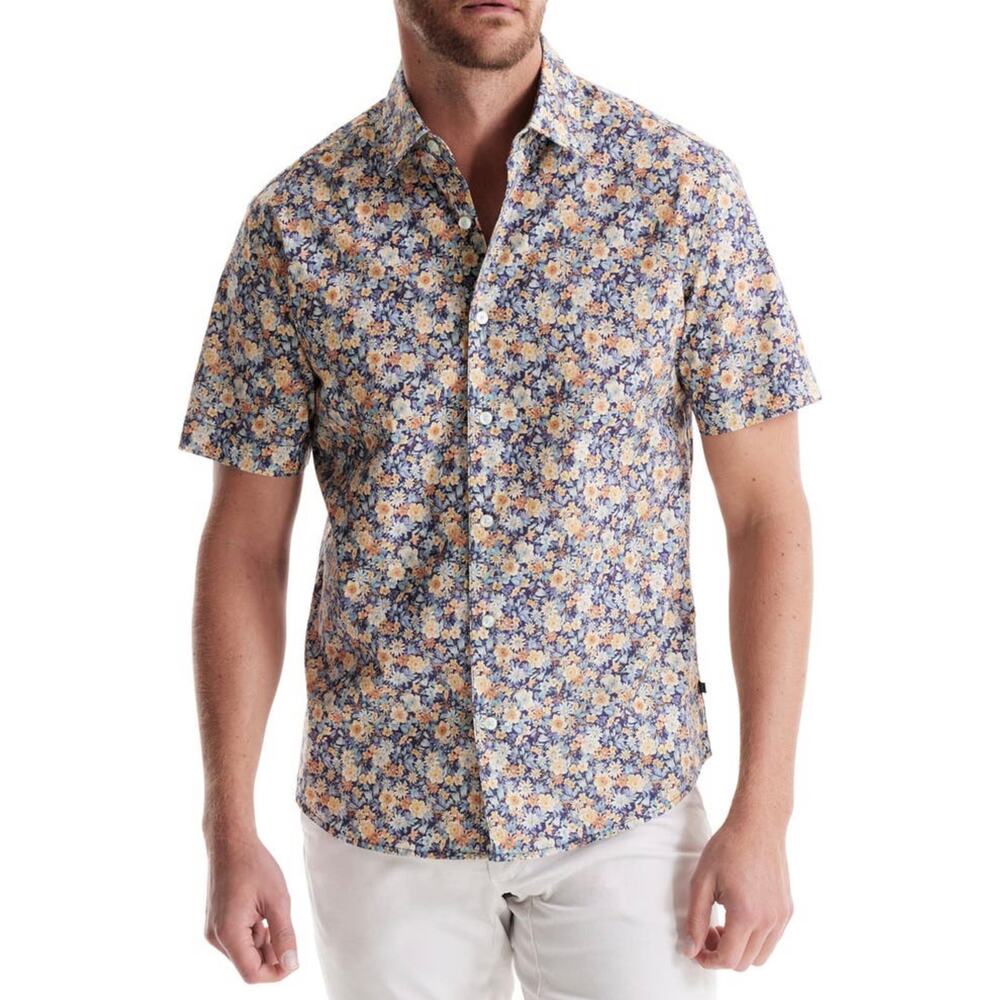 SOFT CLOTH Modern Fit Floral Short Sleeve Button-Up Shirt Gardenia Print Size M